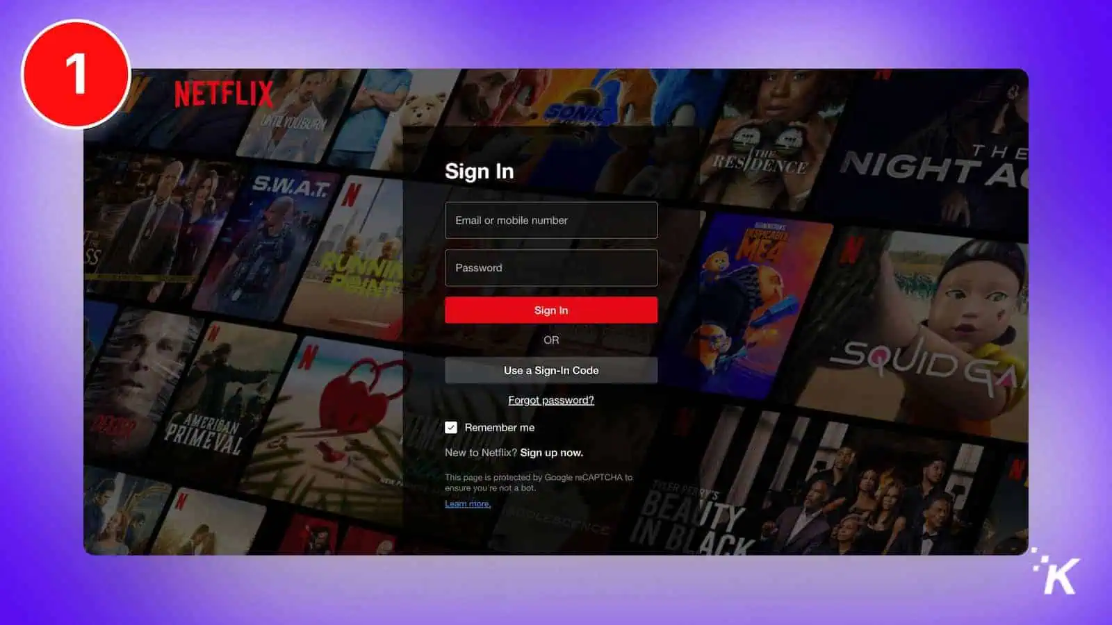 Netflix sign-in page with various shows displayed.