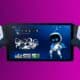 Handheld gaming console with robot-themed game displayed
