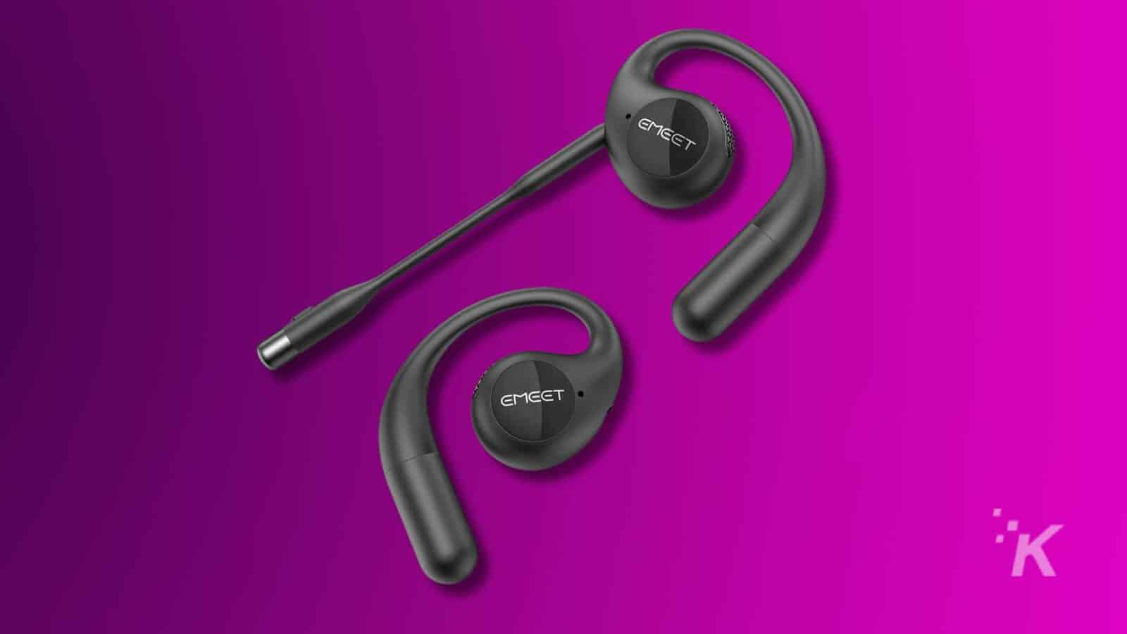 emeet earbuds on a purple background