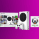 An Xbox Series S console and controller, its packaging box, and a 3-month Xbox Game Pass Ultimate card against a purple background.