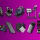Assorted android accessories on purple background.