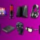Gaming peripherals and accessories on purple background.