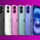 Colorful iPhones lineup on purple background.