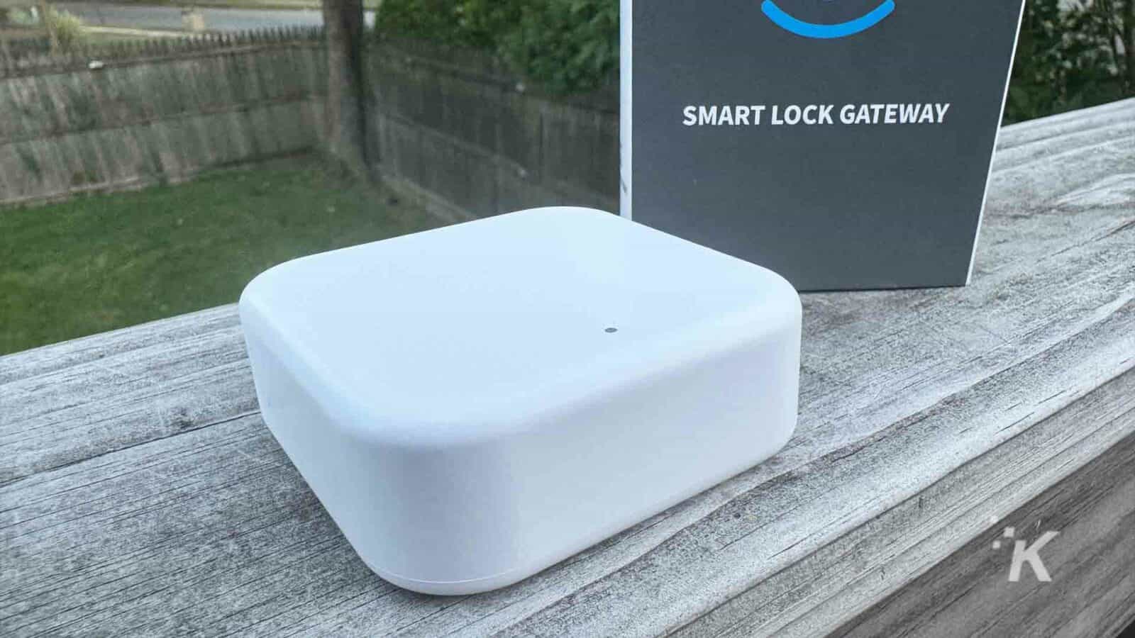 Smart Lock Gateway device, outdoors on wooden deck