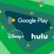 Google Play, Disney+, Hulu logos on green background.