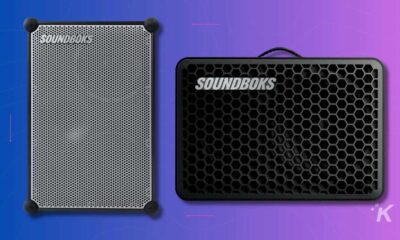Soundboks speakers with honeycomb grills on gradient background.