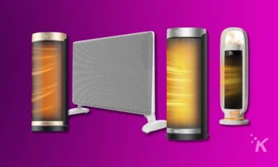 Modern space heaters on a purple background