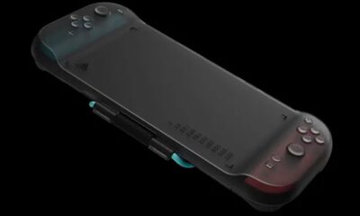 Handheld gaming console on black background
